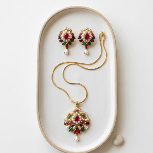 Multi Stones with Pearl Pendant