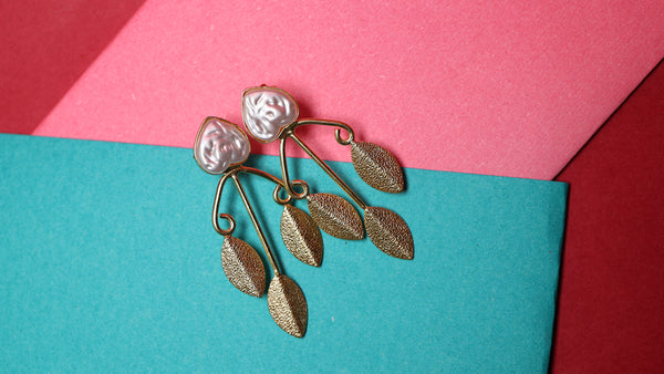 Designer Gold Finish Leaf Pearl Earrings