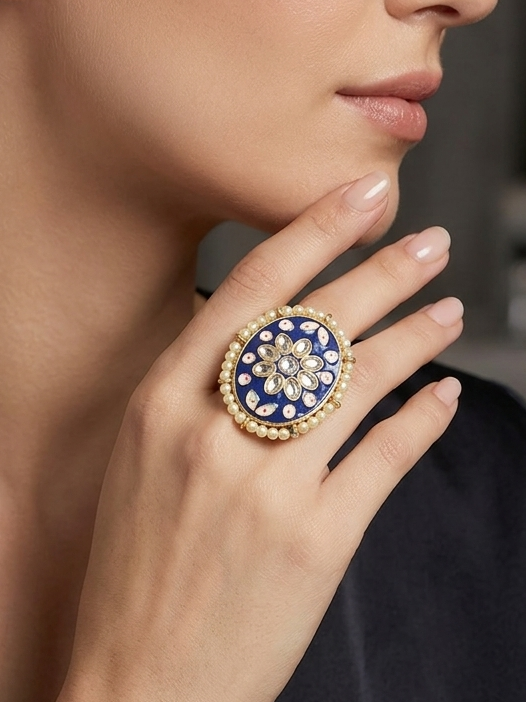 Meraki Kundan Hand Painted Pearl Ring
