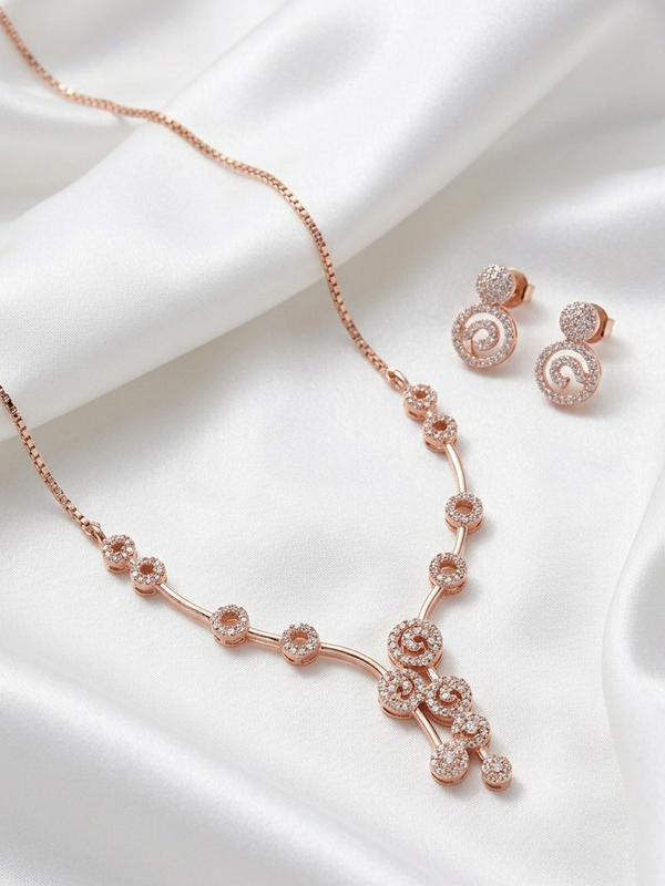 Rose Gold Pearl and CZ Studded Diamond Look Necklace Set