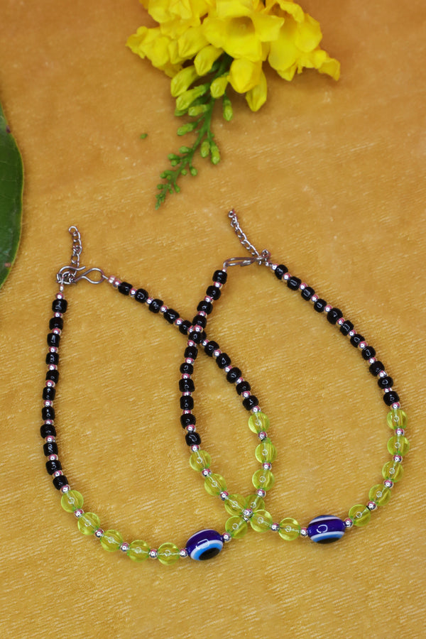Colorful and Black Beads Silver Anklet