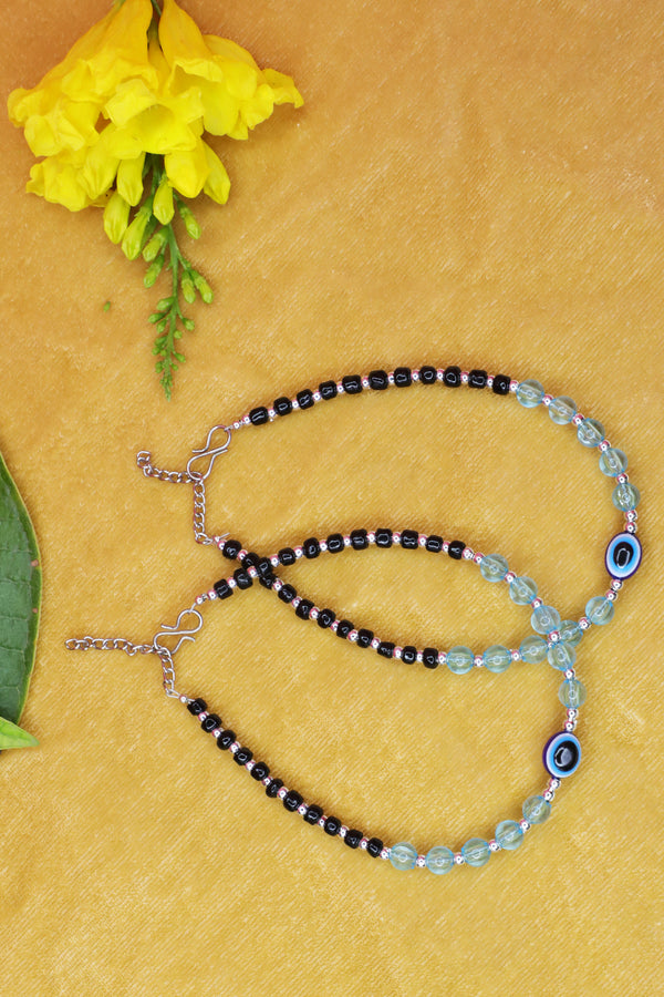 Colorful and Black Beads Silver Anklet