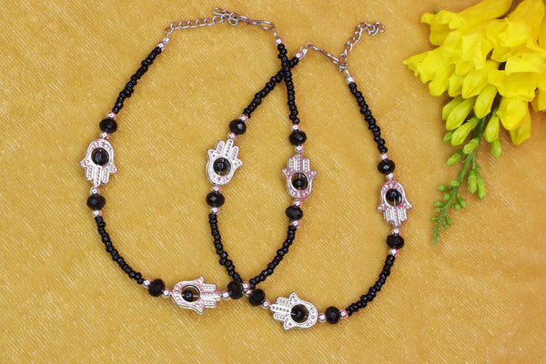 Hamsa Hand Black Beads Anklet