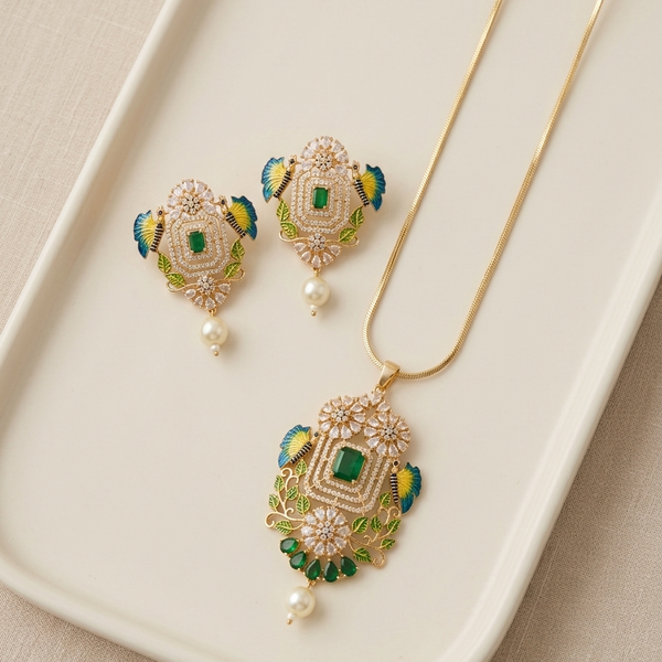 Floral Leaf Green Stone Pendant Set