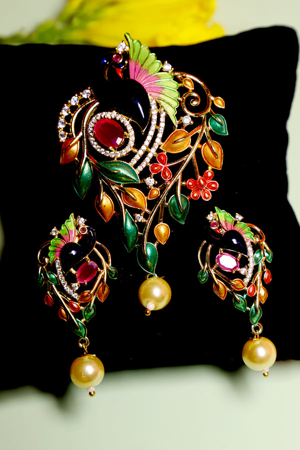Adorable Multicolor Stones Peacock Pendant Sets