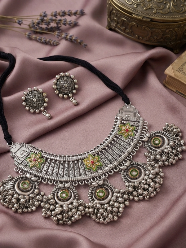 Oxidized Ghungroo Style Choker with Green Color Flower