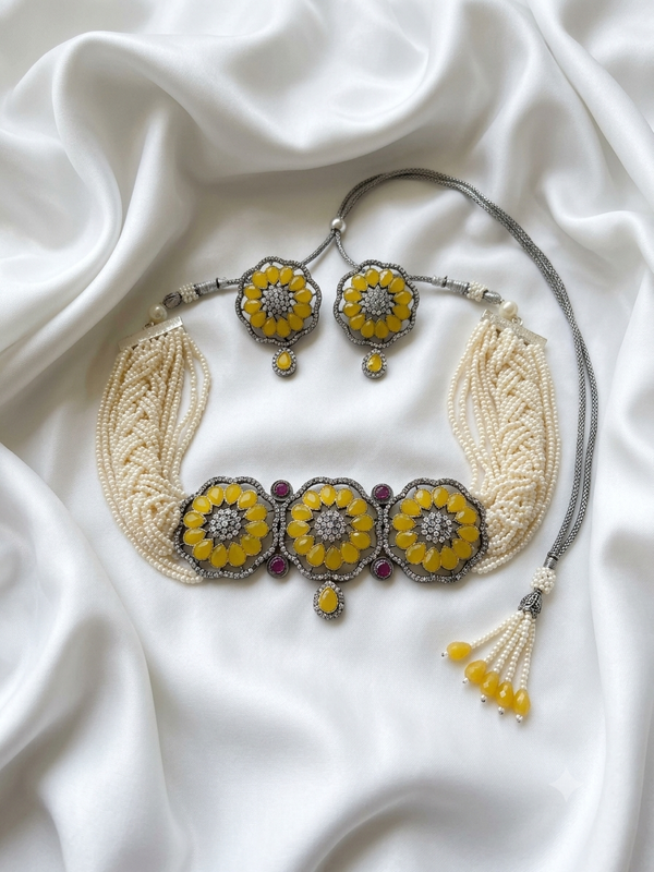 Meraki Multilayered Yellow stone Choker set with Earrings