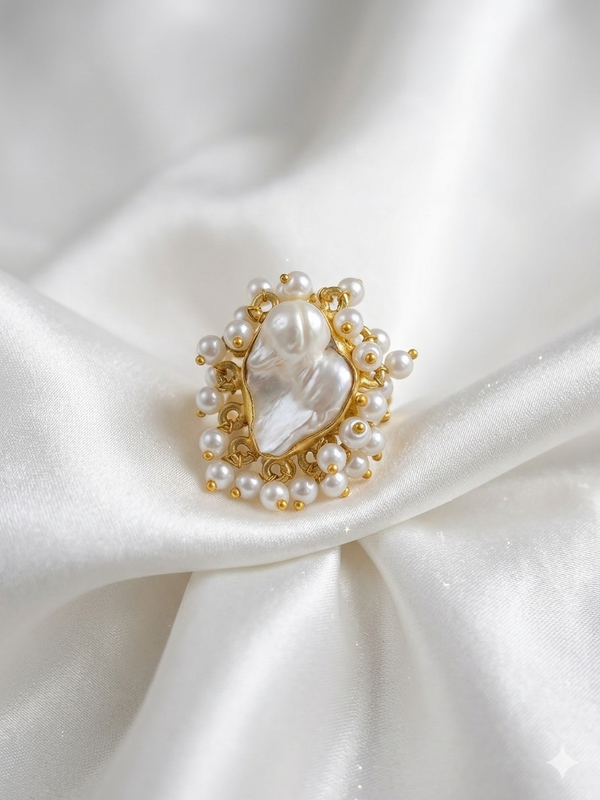 Meraki White Stone Pearl Studded Adjustable Ring