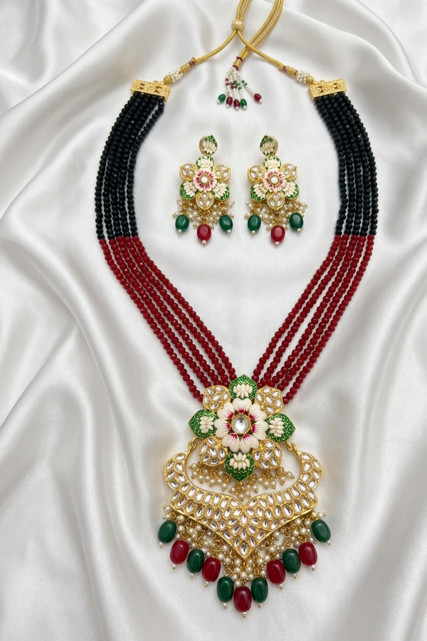 Flower Design Kundan Long Necklace Set
