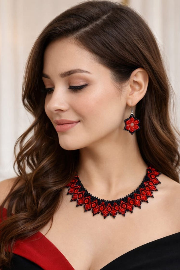 Black-Red Handmade Beaded Choker Set