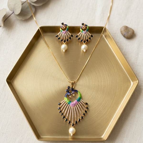 Pearl Drop Multicolor Peacock Design Pendant Set