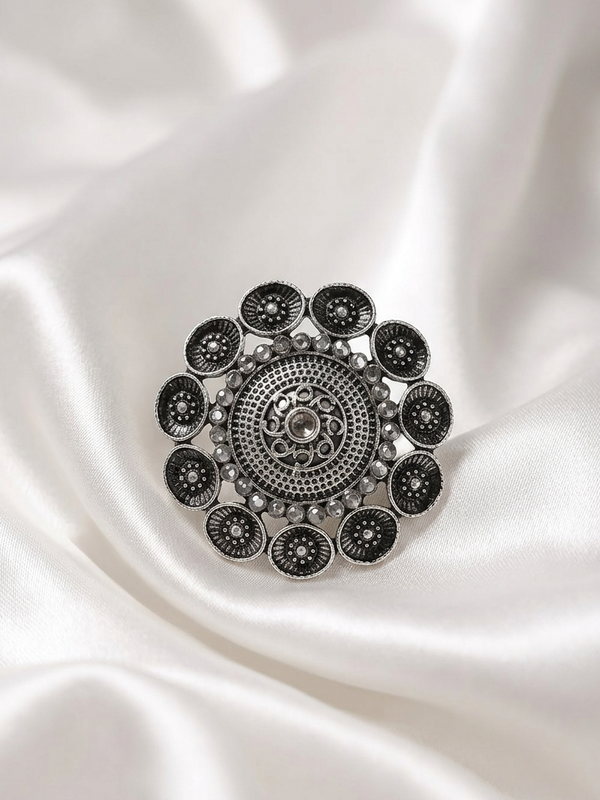 Silver Floral Oxidized Ring