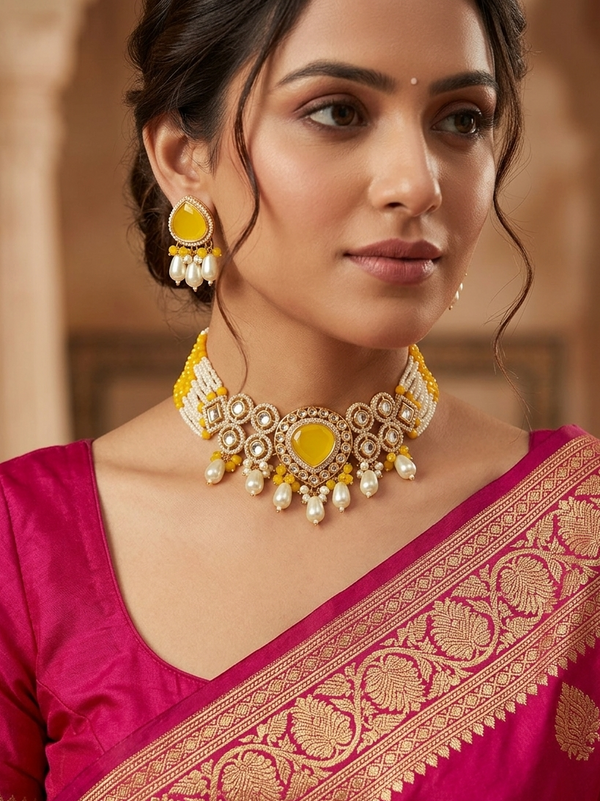 Meraki AD Stone Kundan Choker Set with Beads &Pearls