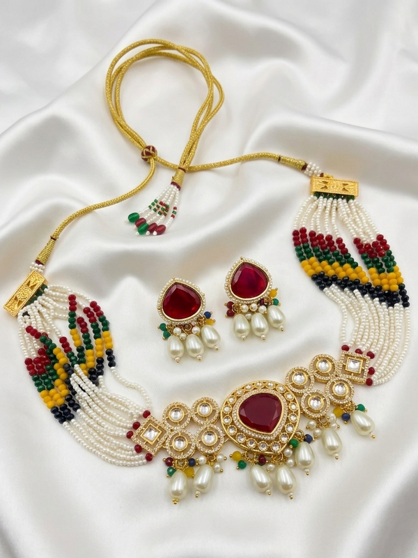 Meraki AD Stone Kundan Choker Set with Beads &Pearls