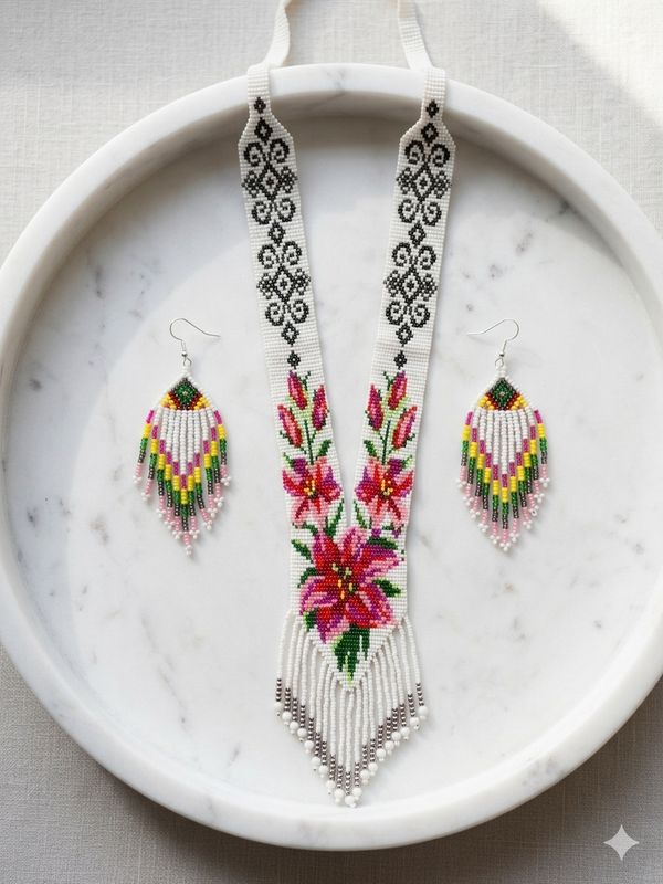 White Pink Beaded Handmade Neckpiece