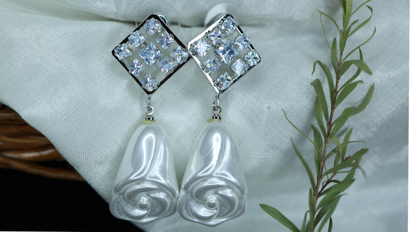 Geometrical rose White Pearl Drop Earrings