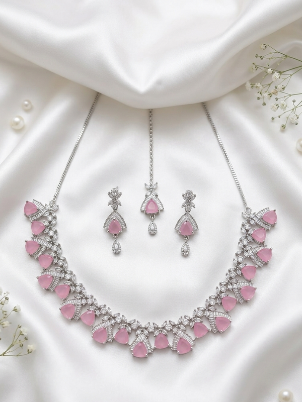 Rhodium Plated CZ Sparkling Necklace Set