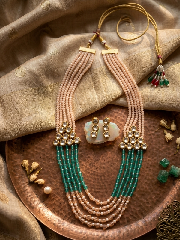 Light Green Crystal with Multi String And Kundan Necklace Set for Women