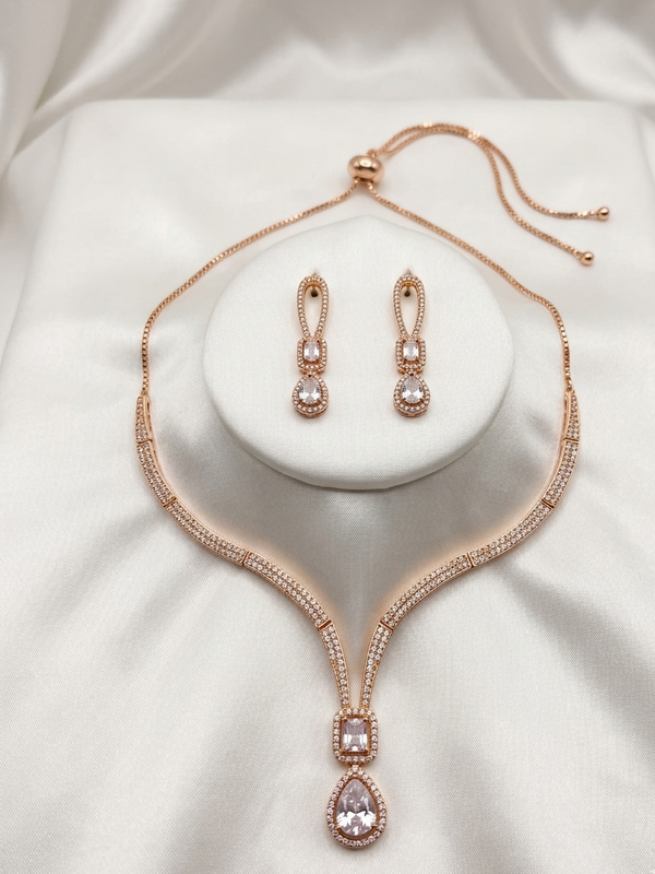 American Diamond Single Lined Gold Plated Choker Set