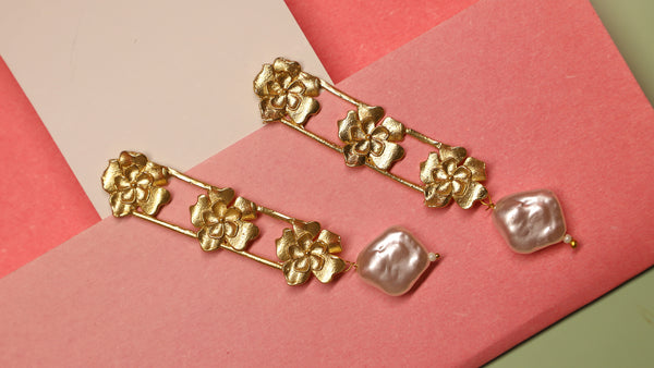 Flowers And Pearl Drop Brass Earrings