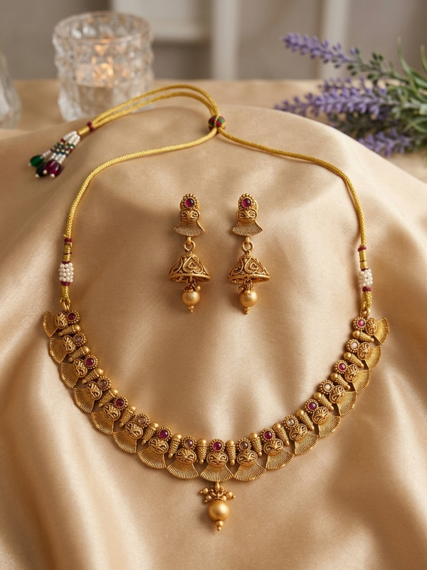 Meraki Lovely Designer Gold Plated Ruby Studded Kerala Style Necklace Set