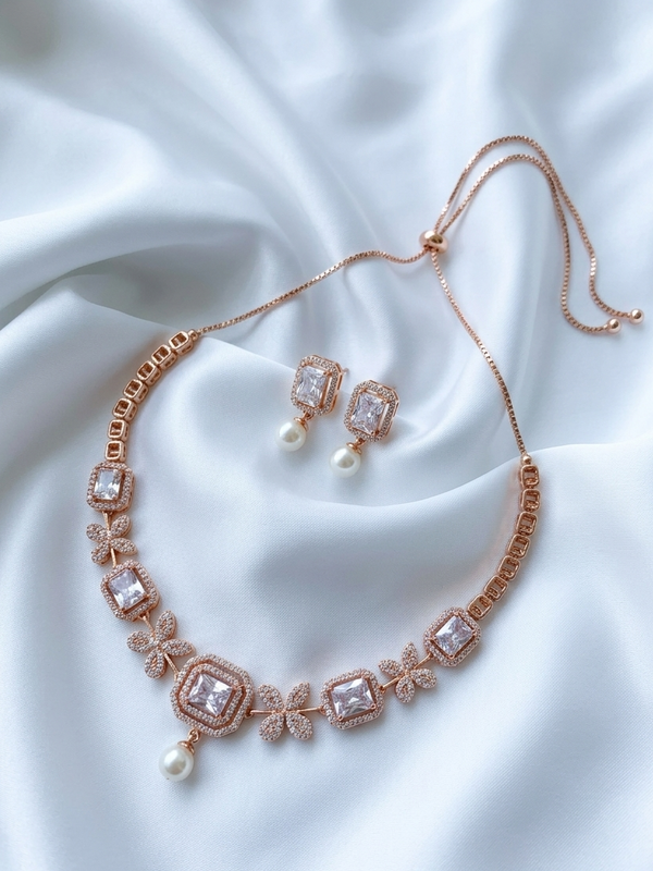 Charming Diamond Studded Rose Gold Necklace Set