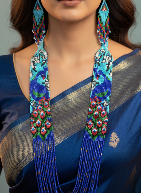 Peacock Design Blue Beads Necklace