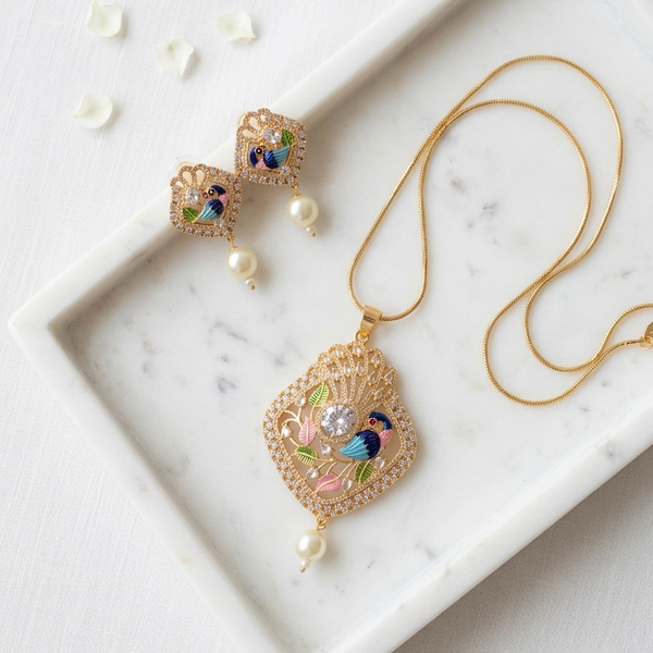 Peacock with Pearl Drop Pendant Set