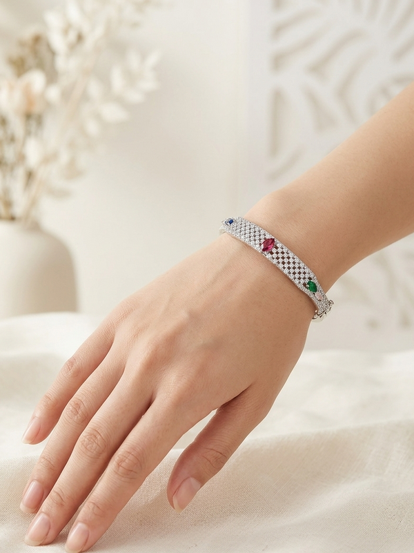 Meraki Silver Plated Multicolor Stone Bracelet With AD Stone