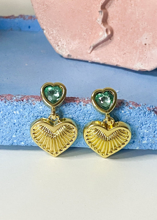 Dual Heart Green Stone Earrings