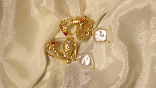 Red Eye Deer Pearl Drop Brass Earrings