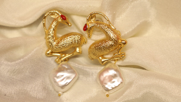 Red Eye Deer Pearl Drop Brass Earrings