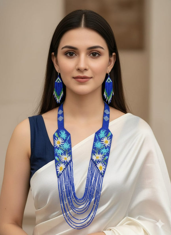Flower Design Blue Beads Necklace