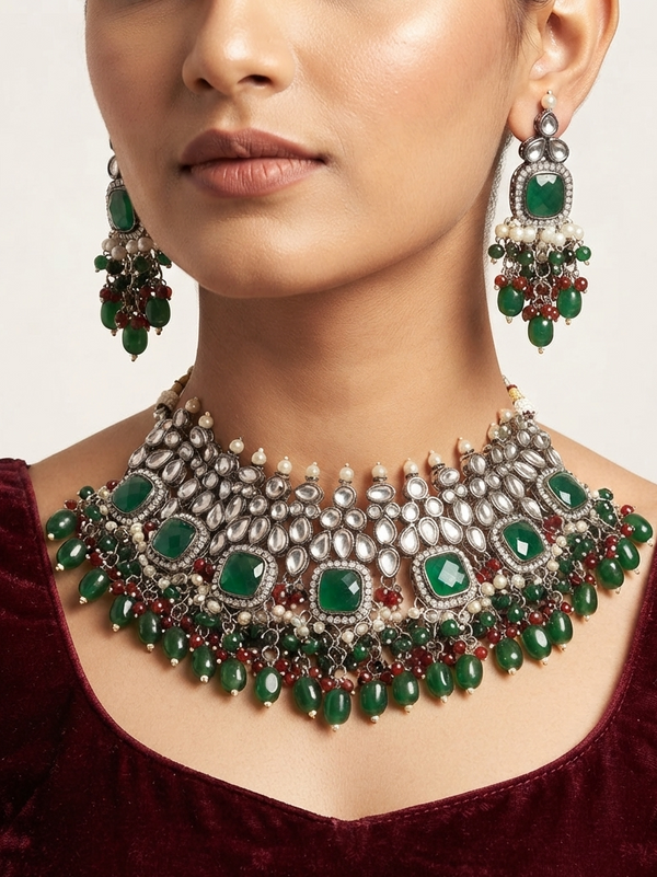 Meraki Emerald Green Polki Necklace Sets