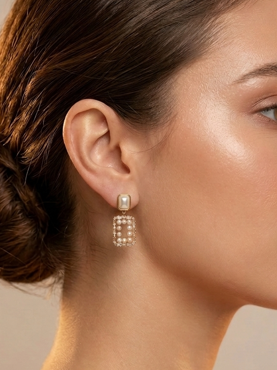 Korean White Pearl Studded Drop Earrings