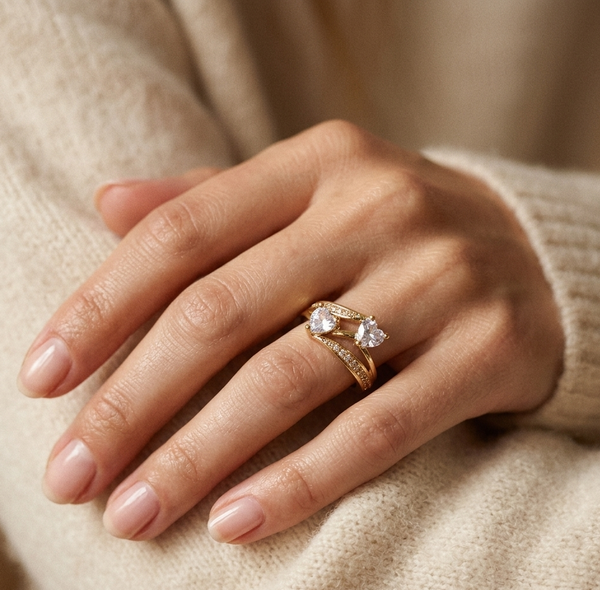 Double Heart Gold Plated Diamond Ring