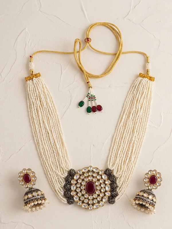 Meraki Gorgeous Pearl Nacklace Set with Kundan Stone