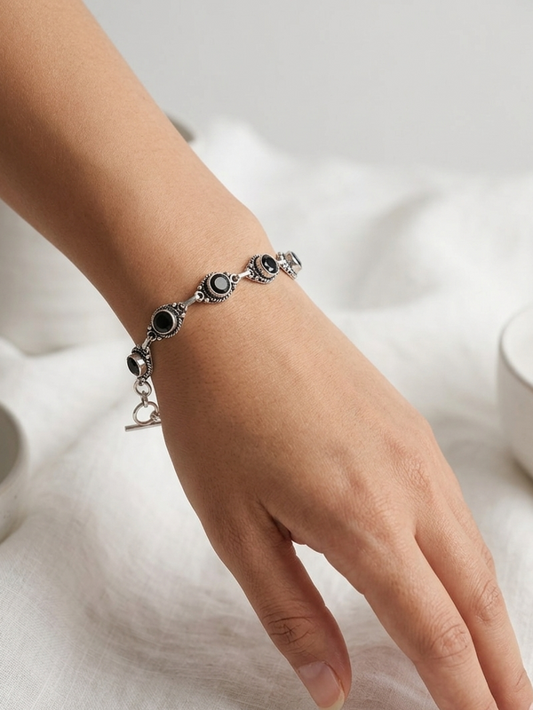 Oxidized Sterling Silver Garnet Handmade Bracelet