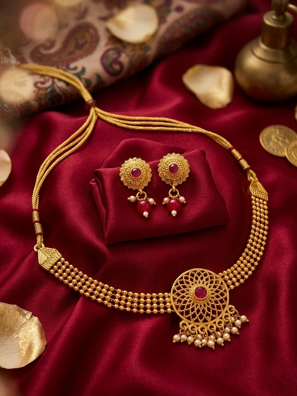 Meraki New Antique Fashionable Gold Plated necklace with Red stone