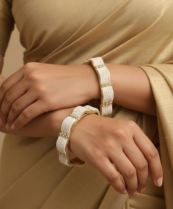 Gold Plated Beautiful White Moti Bangles
