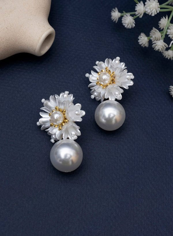 Flower Pearl Drop White Earrings
