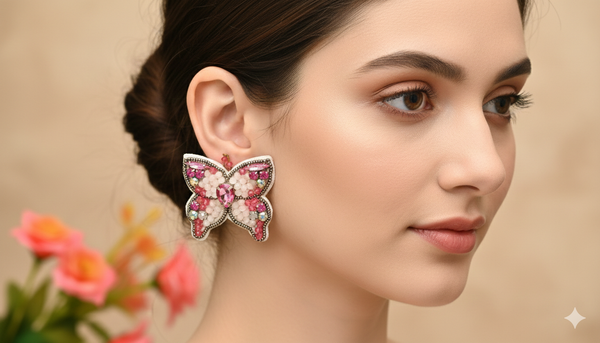 Pink And White Beads Butterfly Earrings