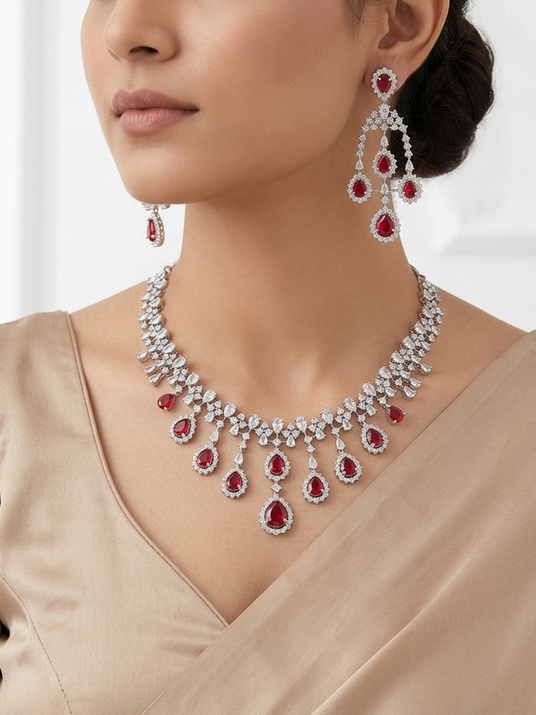 CZ Elegance Teardrop Silver Plated Necklace Set