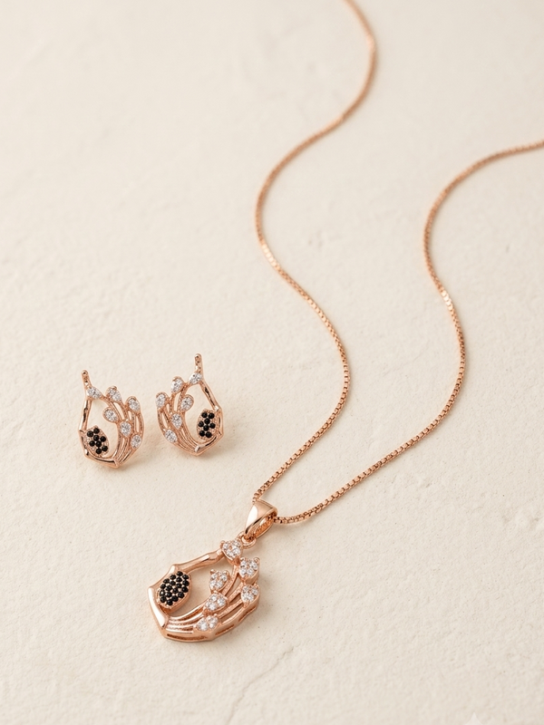 Meraki Rose Gold Plated Peacock Feather Shaped Pendant Set for Women