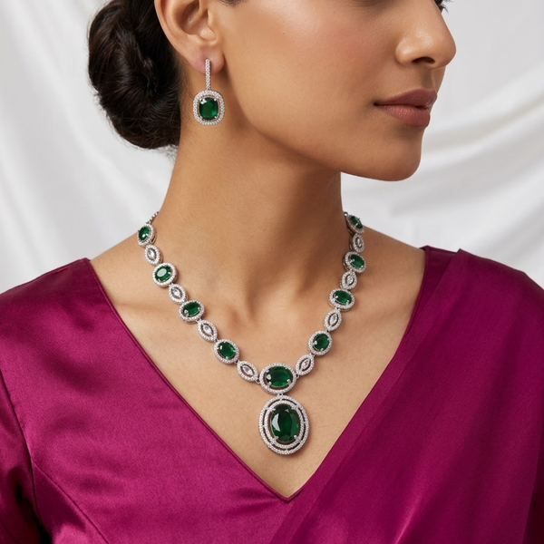 Rhodium Plated Round Shaped Necklace Set
