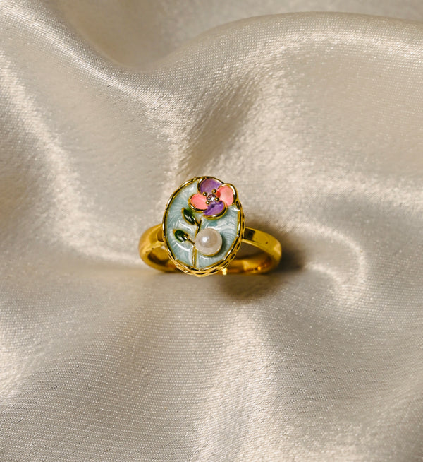 Enamel Flower Design Adjustable Ring