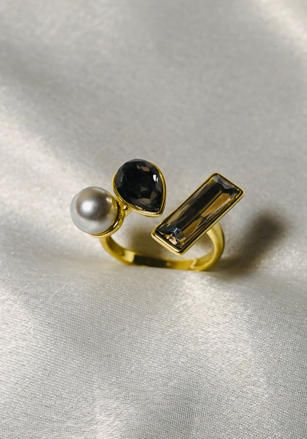 Pearl And Stone Gold Plated Adjustable Ring