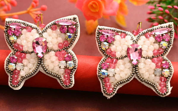 Pink And White Beads Butterfly Earrings