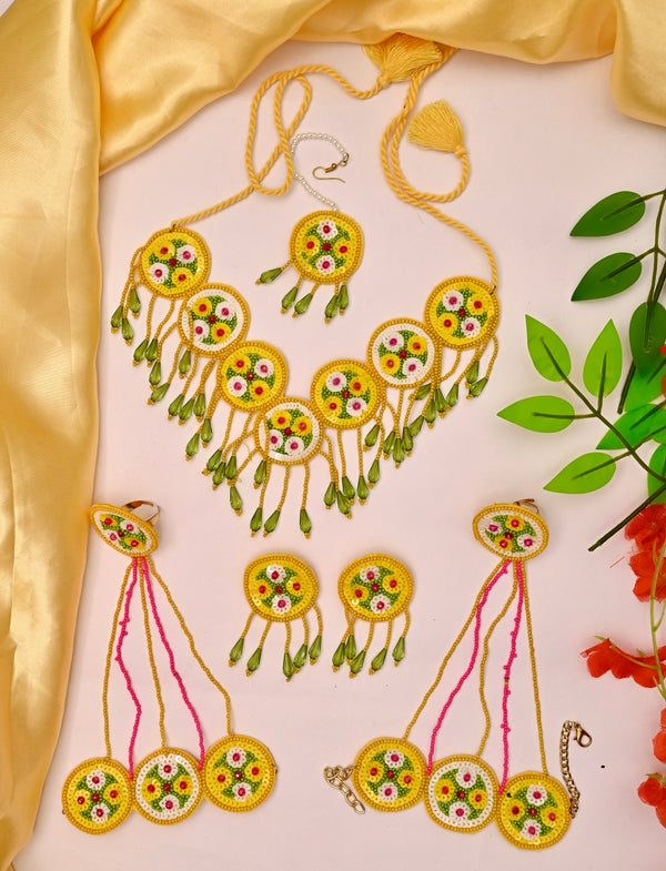 Floral Elegance: Handmade Multicolor Haldi-Mehndi Jewellery Set