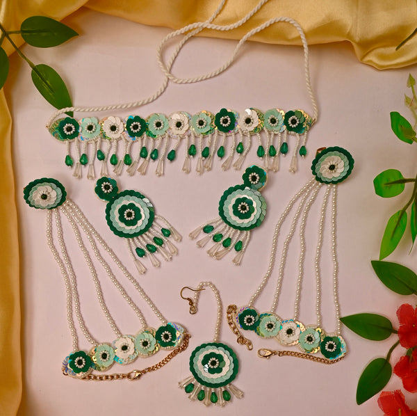 Blossom Charm: Green Handmade Beaded Floral Jewellery Set for Haldi & Mehndi